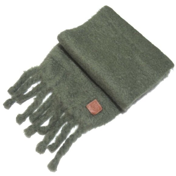 Loewe Anagram Patch Mohair Knit Fringe Scarf X28 Dusty Olive